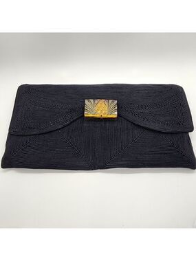 ​Vtg 1940s Genuine Corde Black Clutch Bag • Carved Amber Bakelite Art Deco Clasp